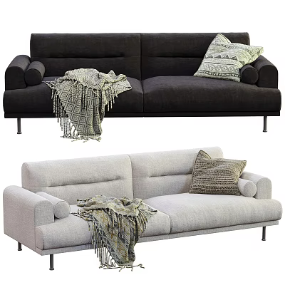 Modern Dark and Light Two Seater Sofa with Geometric Cushion Knitted Blanket and Metal Legs 3d model