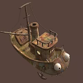 Fish Shaped Sailboat With Large Eyes Sharp Teeth Rusty Metal Small Windows Chimney And Lifebuoy
