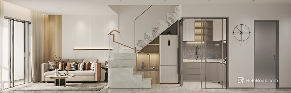Modern Apartment Interior With Marble Staircase Cozy Living And Kitchen Area 3d model 