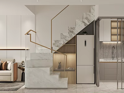 Modern Apartment Interior With Marble Staircase Cozy Living And Kitchen Area 3d model