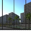 View Of Modern Glass Office Buildings With Landscaping And Palm Trees