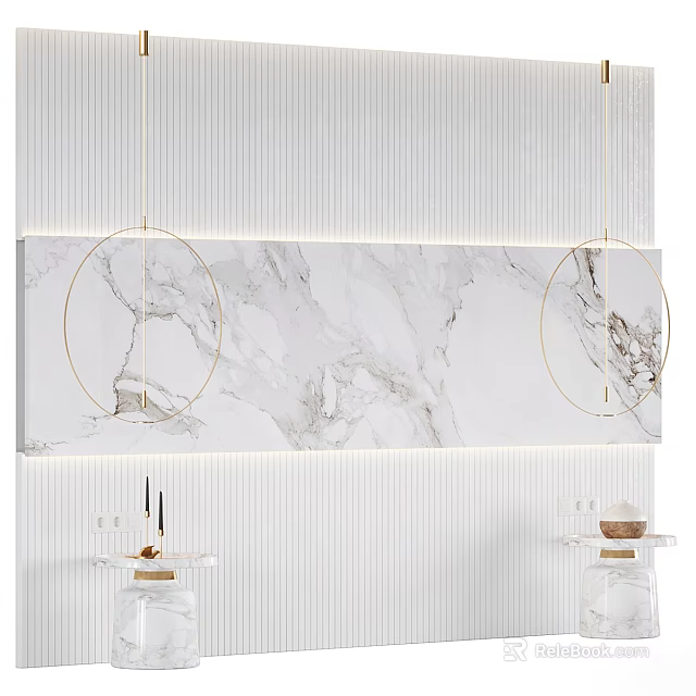 Modern Minimalist Sofa Background Wall With Marble Texture Circular Gold Decorations And Hanging Lights 3d model