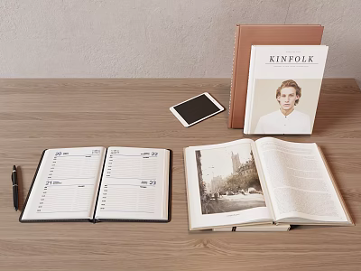 Kinfolk Lifestyle Magazine And Open Notebook On Wooden Desktop With Pen 3d model