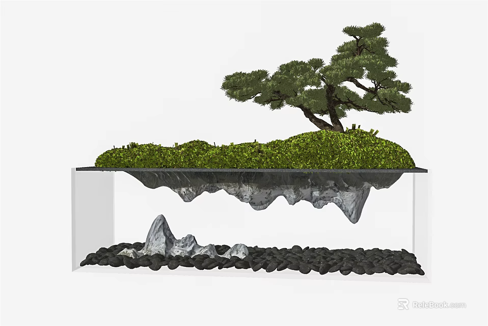 Bonsai Plant Design Featuring Pine Tree on Moss Covered Platform with Rocks and Black Pebbles 3d model 