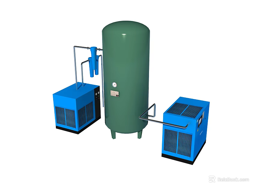 Industrial Equipment Setup With Green Cylindrical Tank And Blue Units Connected By Pipes 3d model 