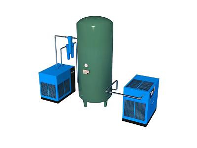Industrial Equipment Setup With Green Cylindrical Tank And Blue Units Connected By Pipes 3d model