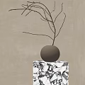 Minimalist White Spherical Vase with Dry Branches on Marble Stand for Interior Decor