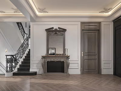 Traditional Fireplace With Ornate Mirror Mantel And Staircase In Classic Interior 3d model