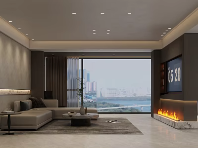 Modern Living Room Interior With Sofa TV Fireplace And City View Through Large Window 3d model