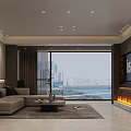 Modern Living Room Interior With Sofa TV Fireplace And City View Through Large Window