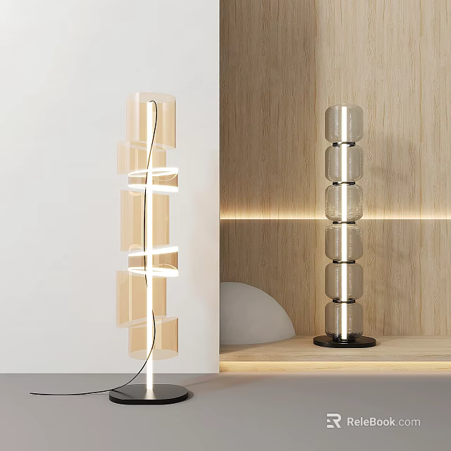 Modern Stacked Glass Floor Lamp In Interior With White And Wooden Wall Background 3d model 
