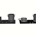 Modern Kitchen Appliances Featuring Stove Kettle Pots And Frying Pan Setup