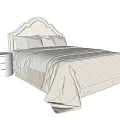 Double Bed With Upholstered Headboard Beige Scallop Pattern Quilt White Pillows And Matching Nightstands