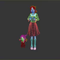 Game Movie Character With Mini Companion In Dark Dress Red Accents Holding Heart Object Standing