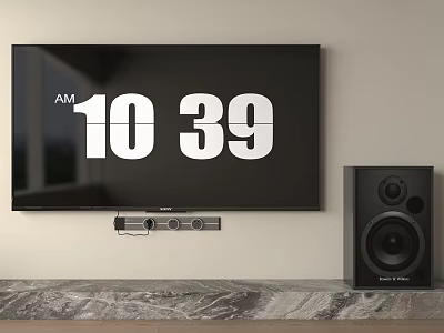 Modern TV Stand With Marble Surface Supporting Wall Mounted TV And Black Speaker 3d model