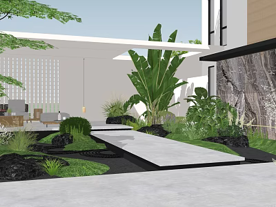 Courtyard Garden with Large Leafy Plants Stone Pathway and Modern Seating Area 3d model