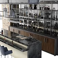 Modern Bar Counter With Blue Chairs Hanging Pendant Lights Metal Shelves Brick Wall And Bottles