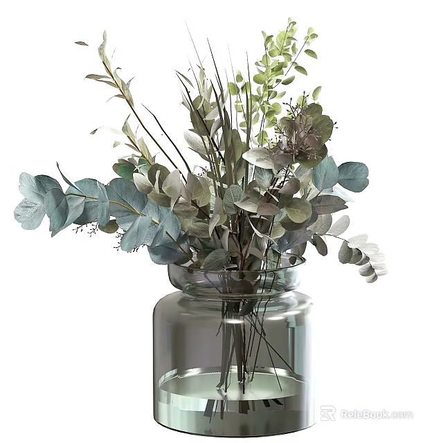Elegant Transparent Glass Vase With Green Gray Blue Foliage Arrangement 3d model 