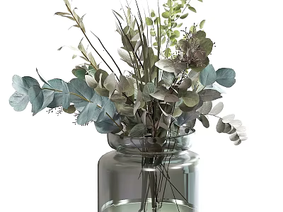 Elegant Transparent Glass Vase With Green Gray Blue Foliage Arrangement 3d model