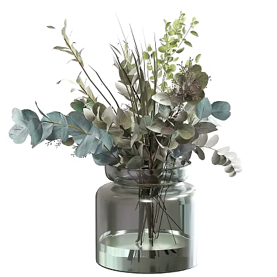 Elegant Transparent Glass Vase With Green Gray Blue Foliage Arrangement 3d model