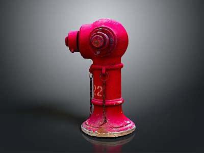 Red Fire Hydrant With Chain And Weathered Finish In Classic Design 3d model