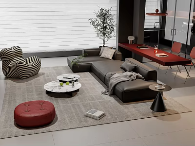 Modern Living Room With Gray L shaped Sofa Coffee Table Set And Red Ottoman 3d model
