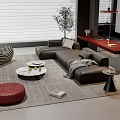 Modern Living Room With Gray L shaped Sofa Coffee Table Set And Red Ottoman