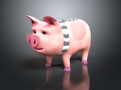 Cute Pink Pig Character With Black White Striped Harness And Pink Hooves 3d model
