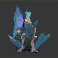 Blue Haired Fairy Figurine Sitting On Decorative Box With Blue Wings And Feathers