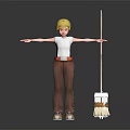 Young Blonde Character Wearing White Shirt And Brown Pants Standing With Open Arms By Mop
