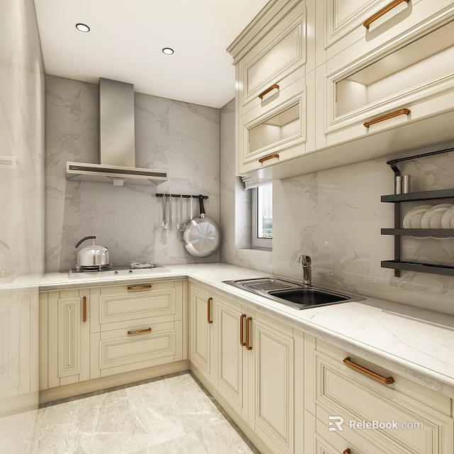 Modern Kitchen Interior With Light Cabinets Marble Countertop Sink And Hanging Utensils 3d model 