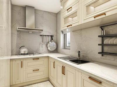 Modern Kitchen Interior With Light Cabinets Marble Countertop Sink And Hanging Utensils 3d model