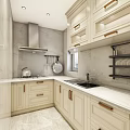Modern Kitchen Interior With Light Cabinets Marble Countertop Sink And Hanging Utensils