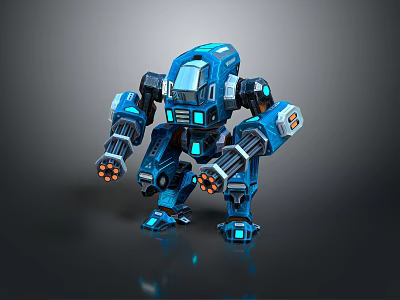 Futuristic Blue Mechanical Game and Movie Character with Dual Cannon Arms and Glowing Accents 3d model