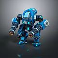 Futuristic Blue Mechanical Game and Movie Character with Dual Cannon Arms and Glowing Accents