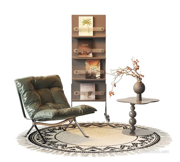 Single Seater Green Sofa with Metal Frame Side Table Vase Bookshelf and Round Rug 3d model 