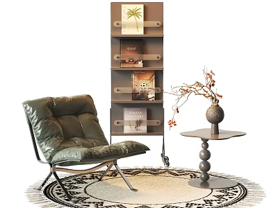 Single Seater Green Sofa with Metal Frame Side Table Vase Bookshelf and Round Rug 3d model