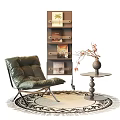 Single Seater Green Sofa with Metal Frame Side Table Vase Bookshelf and Round Rug