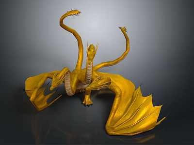 Golden Three Headed Dragon Fantasy Game Movie Character With Wings And Tails 3d model