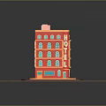 Vibrant Red Hotel Building With Multiple Floors Windows Hotel Sign And Striped Awning