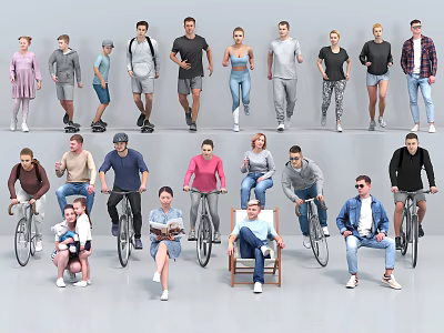 Group of People Standing Riding Bicycles and Sitting in Various Casual Poses 3d model