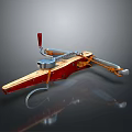 Red And Yellow Mechanical Tool With Metal Rods Wooden Base And Handle