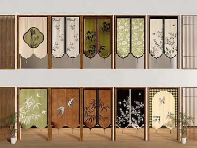 Japanese Traditional Curtains with Bamboo Plum Bird Patterns in Beige Green Brown Black Tones 3d model
