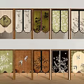 Japanese Traditional Curtains with Bamboo Plum Bird Patterns in Beige Green Brown Black Tones