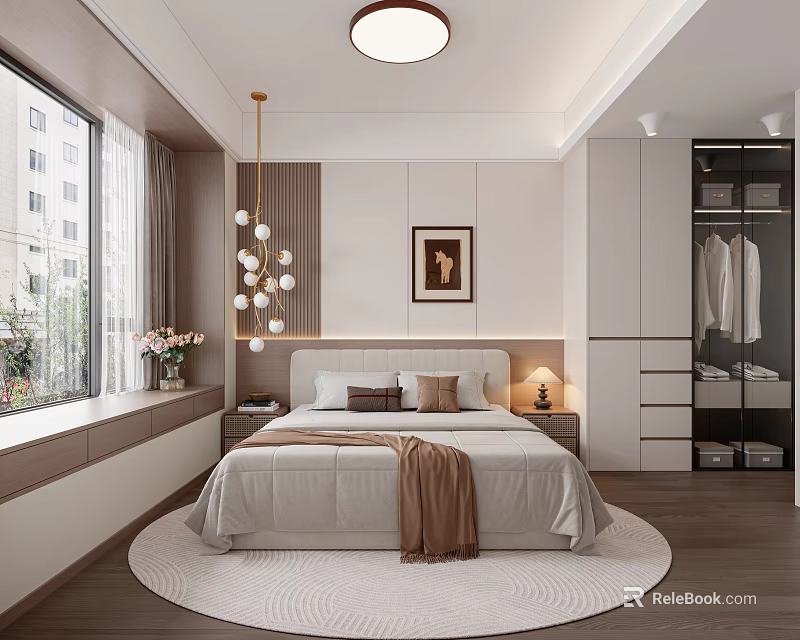 Modern Bedroom Interior With Bed Rug Chandelier Wardrobe And Decorative Painting 3d model 