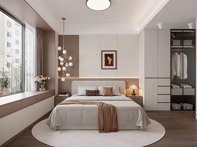 Modern Bedroom Interior With Bed Rug Chandelier Wardrobe And Decorative Painting 3d model