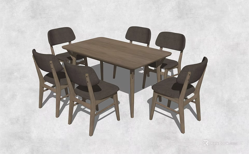 Modern Minimalist Dining Table Set With Rectangular Wooden Table And Six Dark Upholstered Chairs 3d model