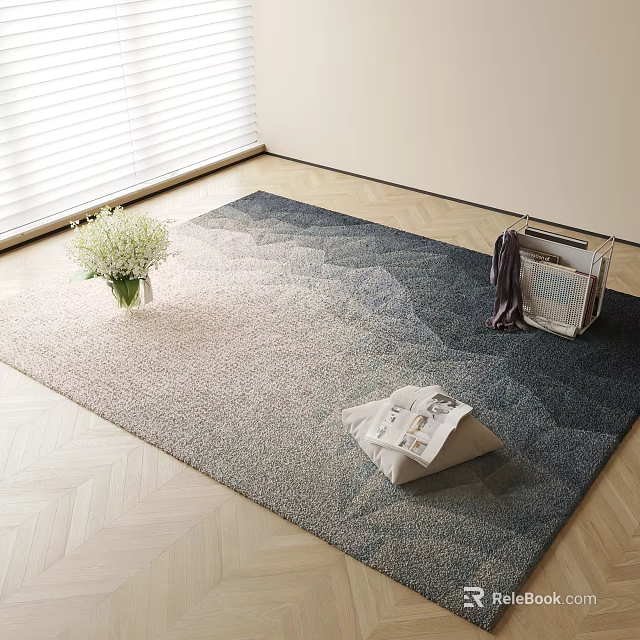 Square Rug With Mountain Pattern On Light Wood Floor White Flower Vase And Open Magazine 3d model 