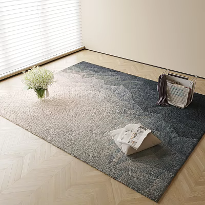Square Rug With Mountain Pattern On Light Wood Floor White Flower Vase And Open Magazine 3d model