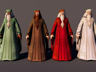 Four Wizards In Various Colored Robes Standing Side By Side 3d model